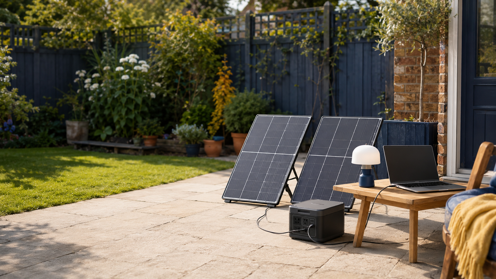 Portable solar panels and a battery power station in a garden setting